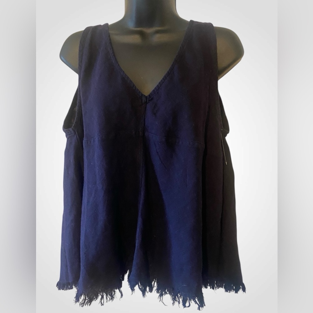 Women’s Navy Linen Tank Top split back fringe trim top NWOT Anthropologie size L